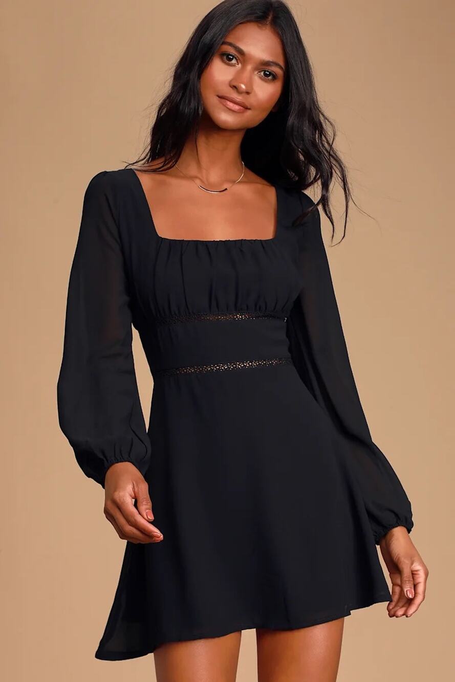 Lulus Loving Memories Black Long Sleeve Crochet Lace Skater Dress Medium 860662
